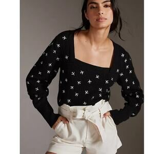 Maeve Anthro Elliana Embroidered Mutton Sleeve Sweater Women's Medium Airplanes